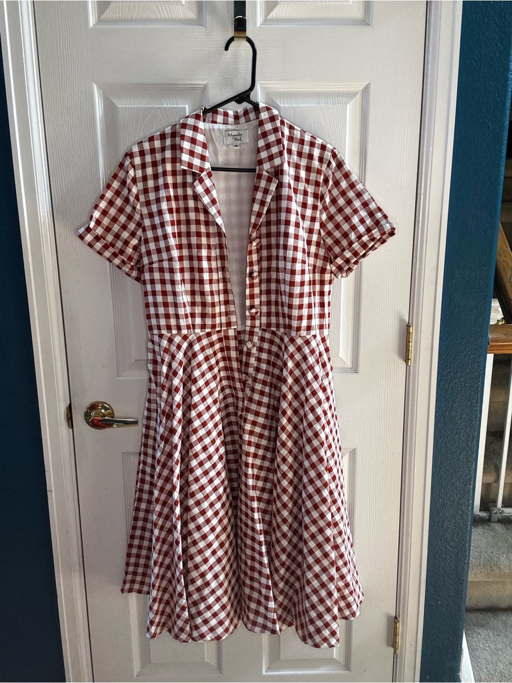 Red and White Gingham Short-Sleeve Fit & Flare Dress
